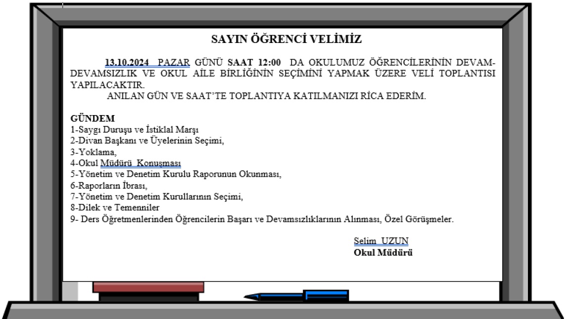 13 EKİM PAZAR SAAT 12.00 DA OKUL AİLE BİRLİĞİ TOPLANTISI 